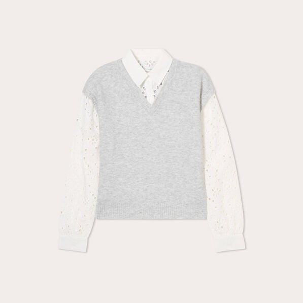 pull 2 en 1 avec broderie gris clair femme Pull 2-en-1 avec broderie gris clair femme