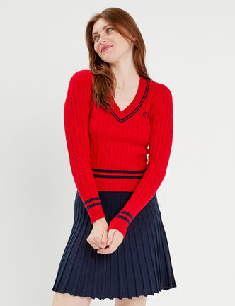 Pull manches longues torsades rouge foncé femme