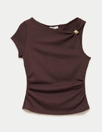 Top asym&eacute;trique d&eacute;tail bijou marron fonc&eacute; femme