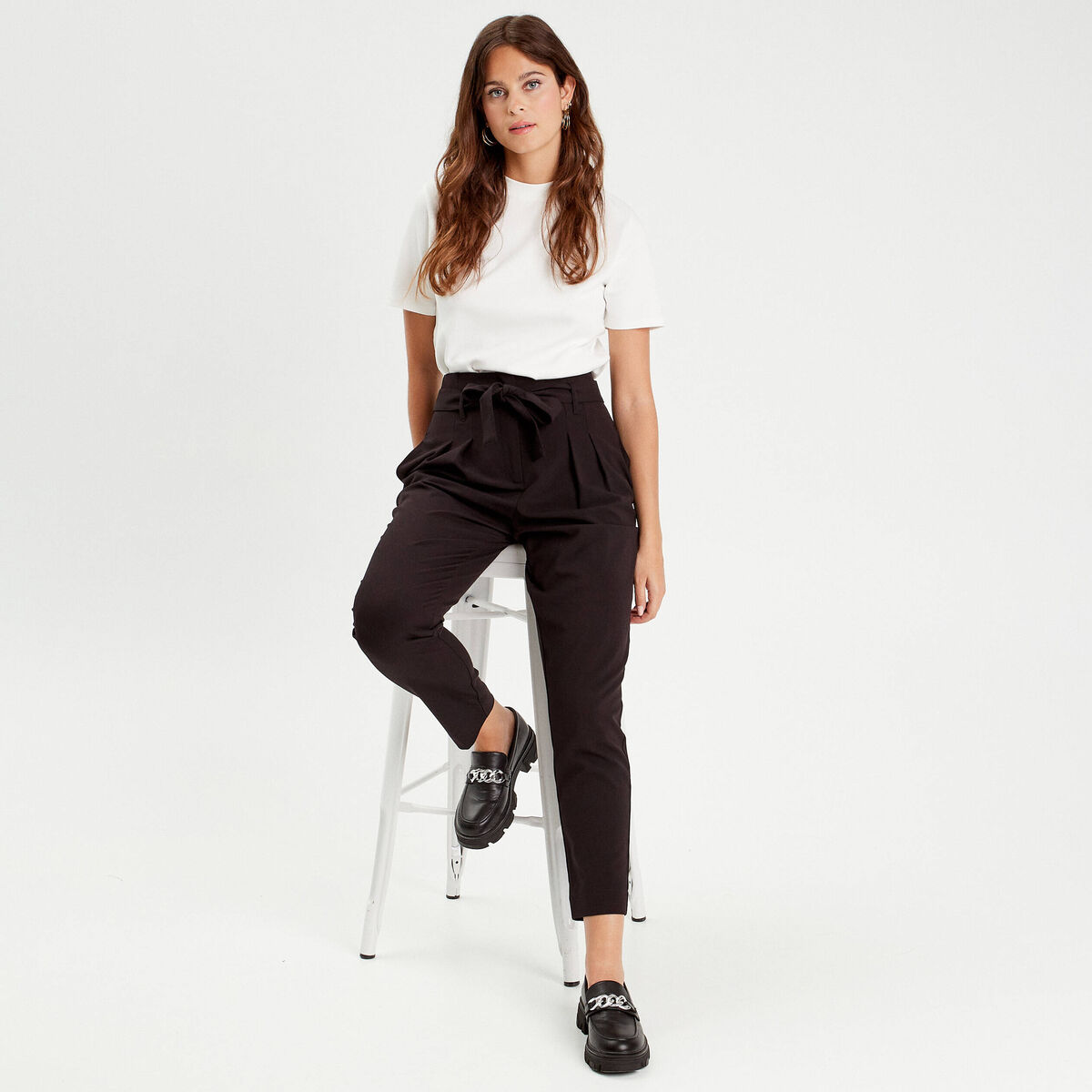 Pantalon paperbag fluide noir femme