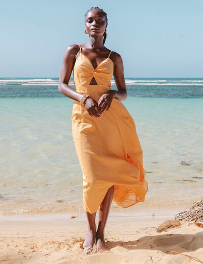 Robe longue &eacute;vas&eacute;e &agrave; fines bretelles orange clair femme