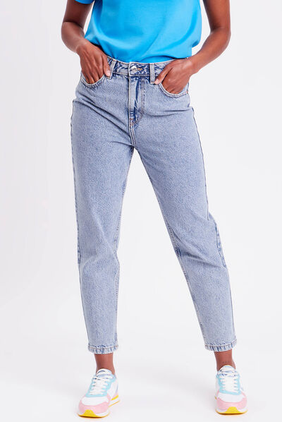 Jeans mom taille haute denim bleach femme