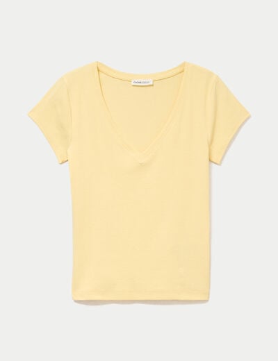 T-shirt ajust&eacute; col v manches courtes jaune clair femme