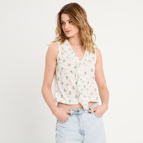 Blouse volants sans manches blanc femme