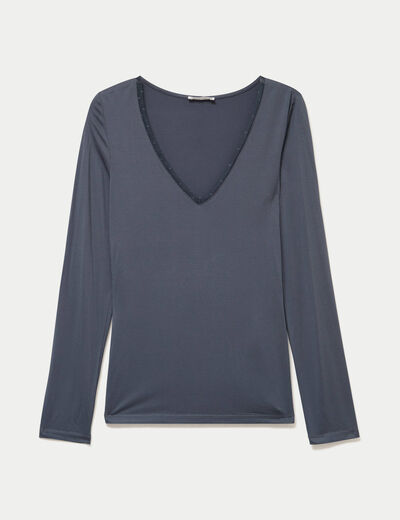 T-shirt thermique col en V plumetis gris femme