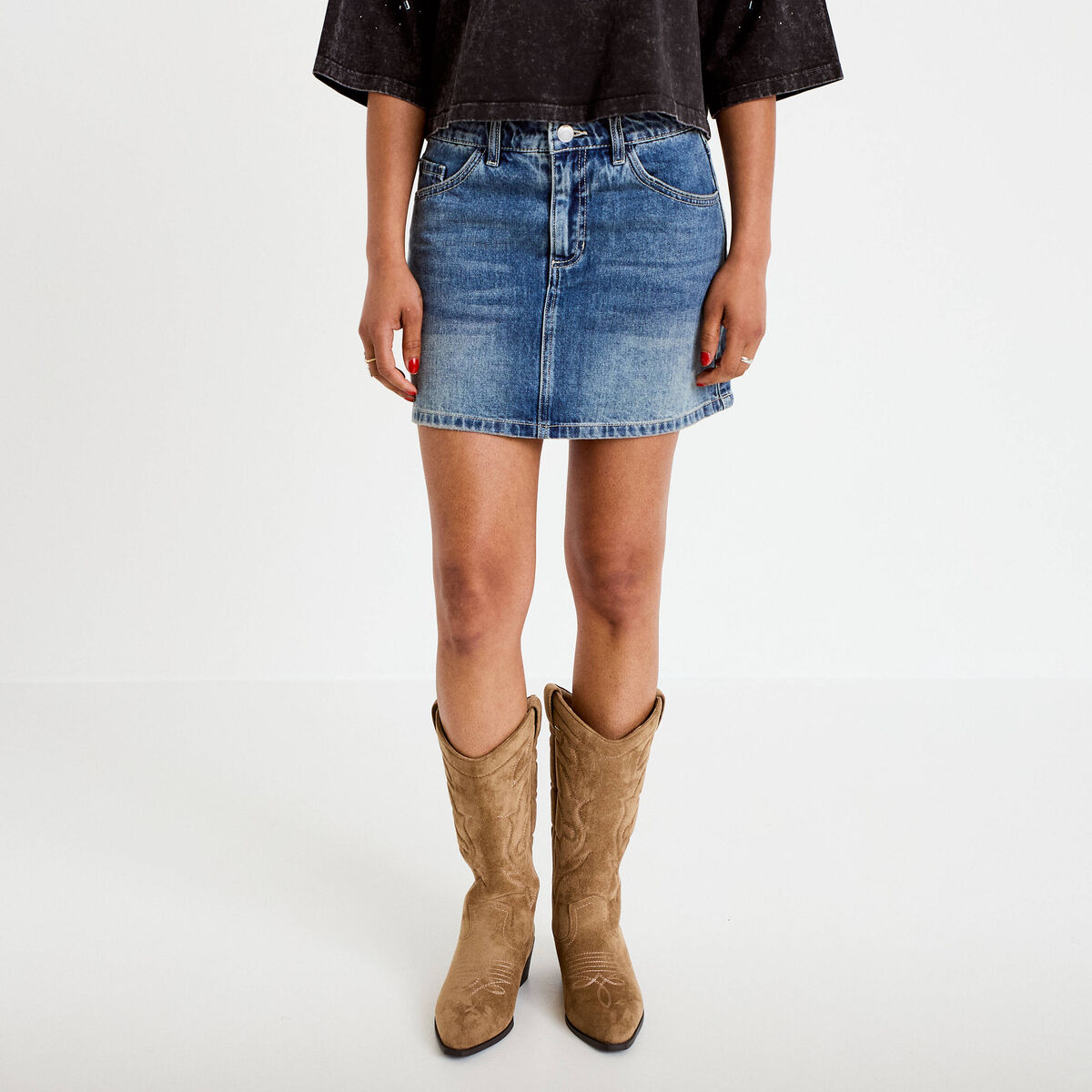 Jupe-short droite en jean denim double stone femme