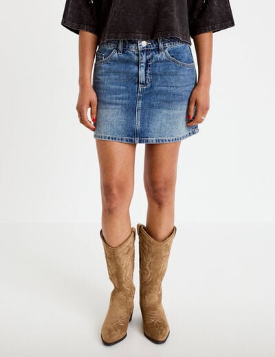 Jupe-short droite en jean denim double stone femme