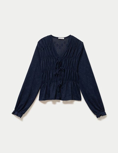 Blouse ajust&eacute;e col v dentelle pliss&eacute;e bleu marine femme