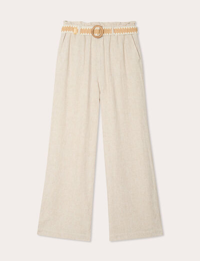 Pantalon large ceinturé contenant du lin beige femme