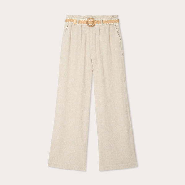 Pantalon large ceinturé contenant du lin beige femme