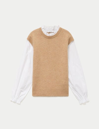 Pull 2-en-1 col chemise manches longues beige femme