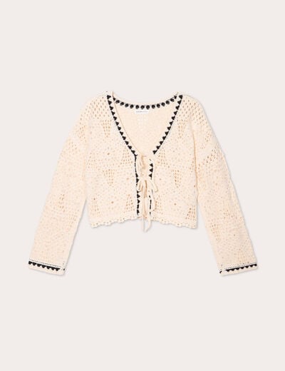 Gilet effet crochet et noeuds beige femme