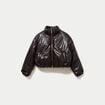 Doudoune cropped similicuir col montant marron fonc&eacute; femme
