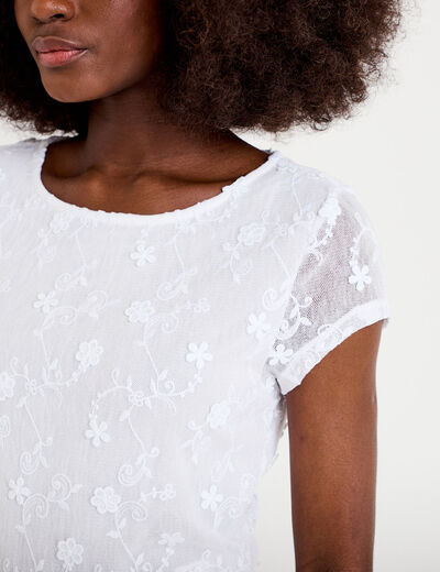 T-shirt ajust&eacute; col rond dentelle blanc femme