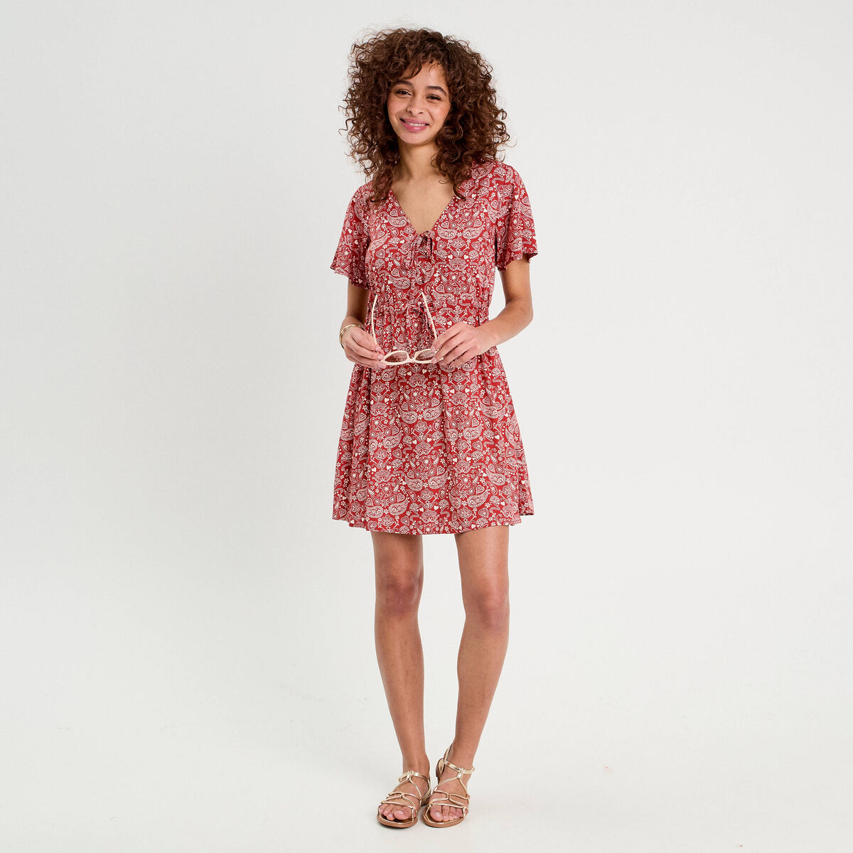 Robe évasée détails noeuds rouge foncé femme