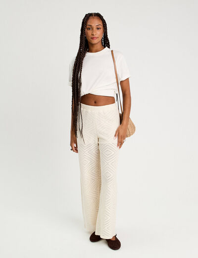 Pantalon droit ajouré ecru femme