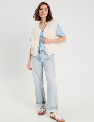 Blouse noeud et volants bleu ciel femme