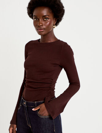 T-shirt ajust&eacute; col rond manches longues marron fonc&eacute; femme
