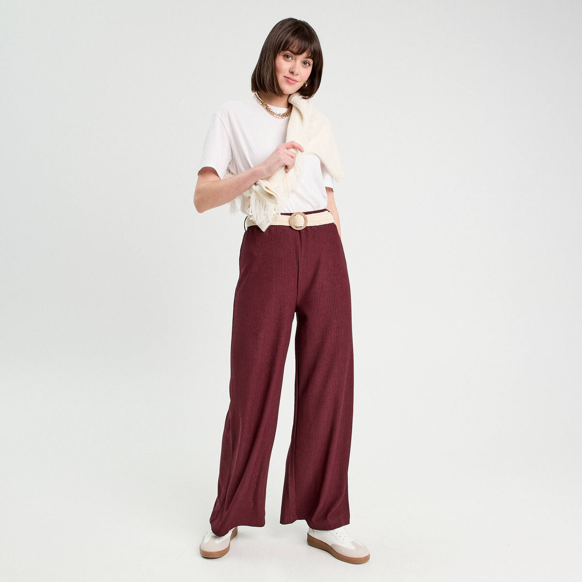 Pantalon large fluide ceinturé prune femme
