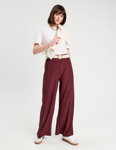 Pantalon large fluide ceinturé prune femme