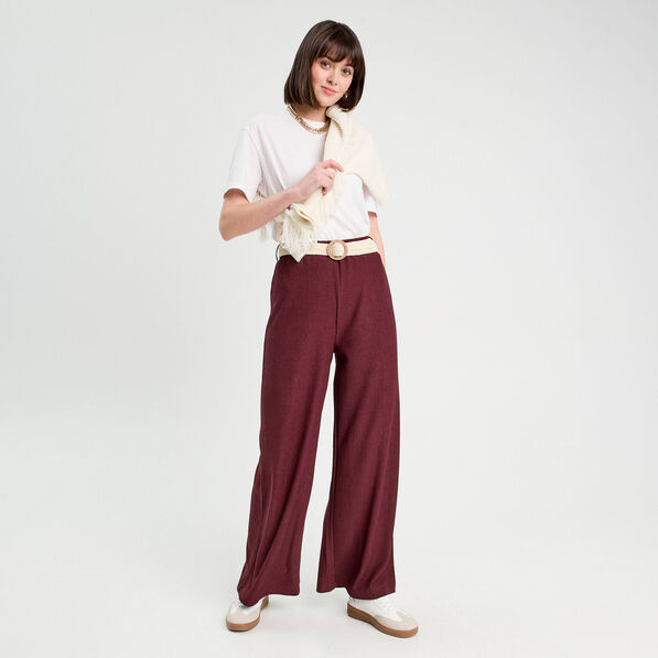 Pantalon large fluide ceinturé prune femme