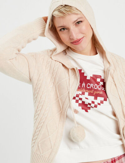 Gilet à capuche pompons beige femme