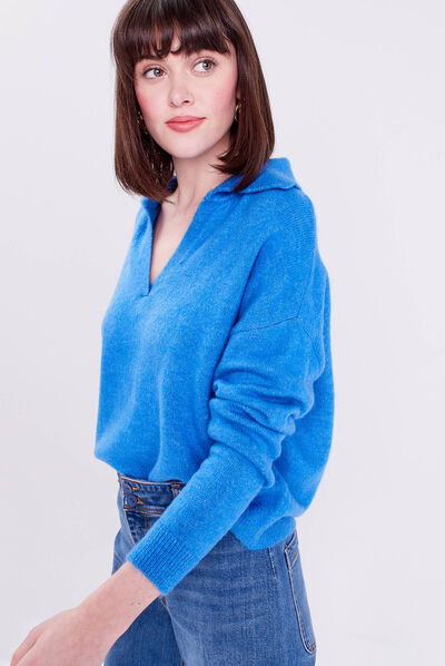 Pull avec col polo bleu femme