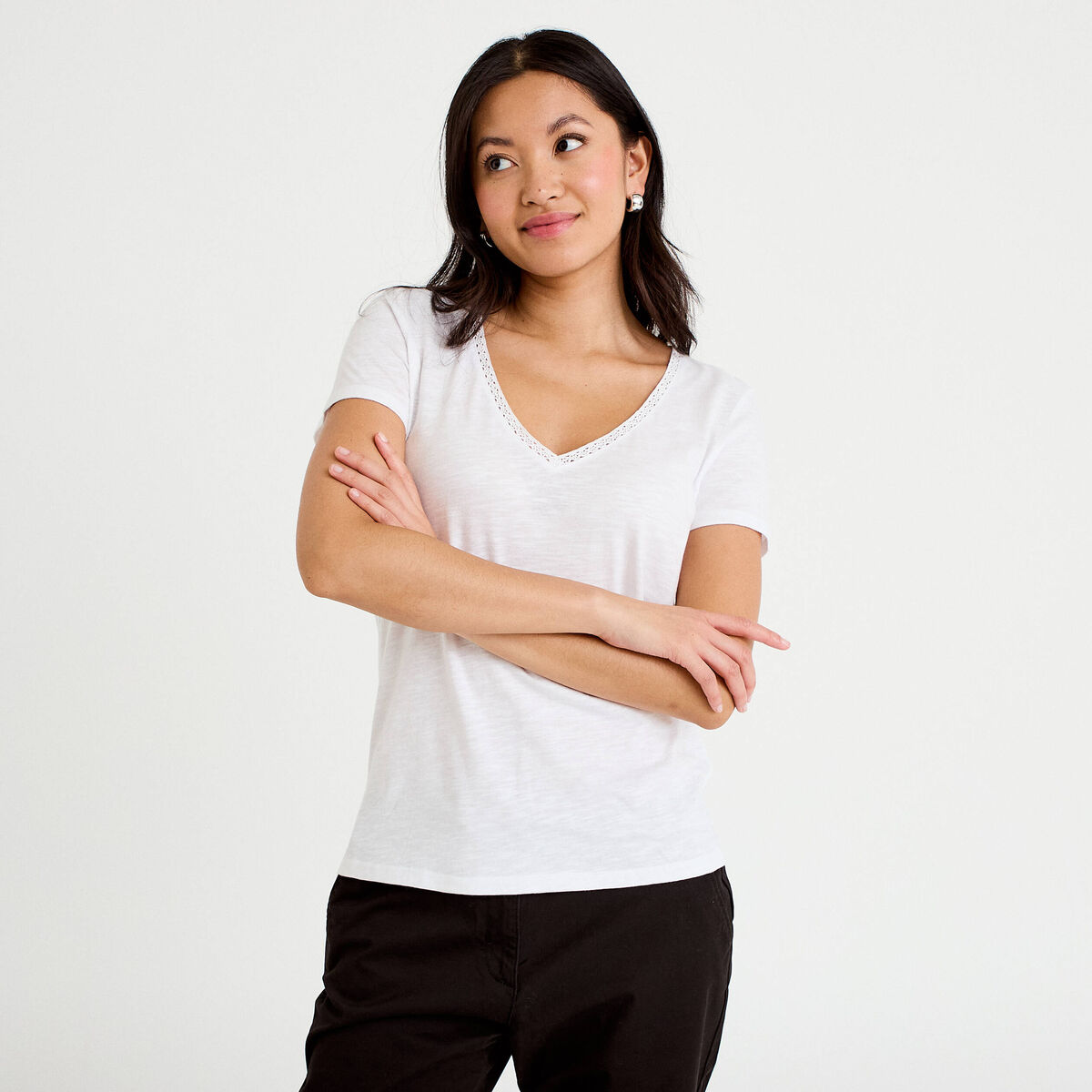 T-shirt col v manches courtes blanc femme