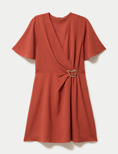 Robe courte &eacute;vas&eacute;e col v manches courtes orange fonc&eacute; femme