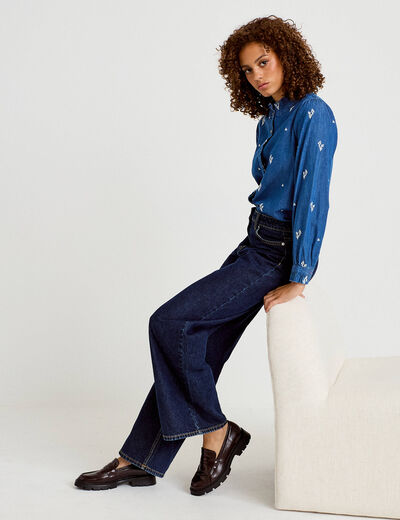 Chemise droite en jean col montant blanc femme