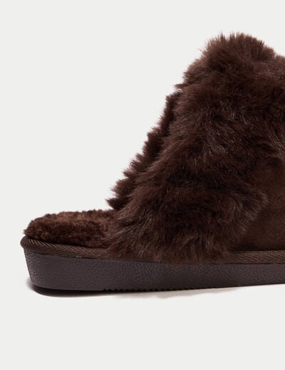 Chaussons fausse fourrure marron fonc&eacute; femme