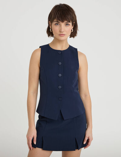 Gilet court cintr&eacute; sans manches bleu marine femme