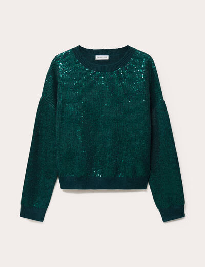 Pull manches longues avec sequins vert fonc&eacute; femme