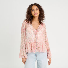 Blouse nouée manches longues rose pastel femme