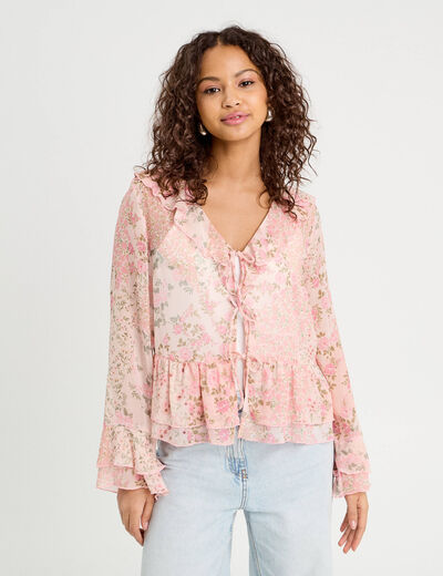 Blouse nouée manches longues rose pastel femme