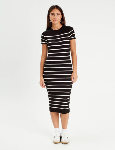 Robe longue moulante côtelée noir femme