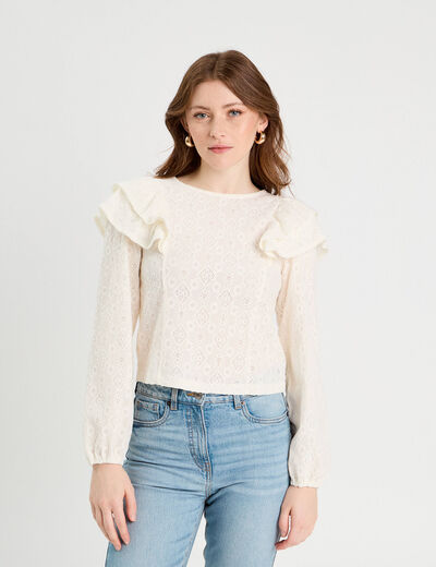 Blouse brodée avec volants ecru femme