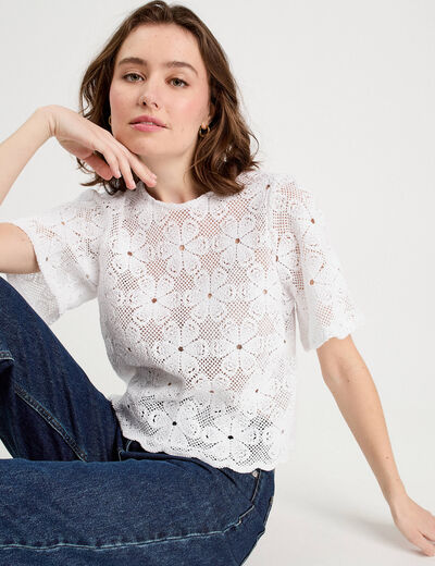 T-shirt dentelle macramé blanc femme