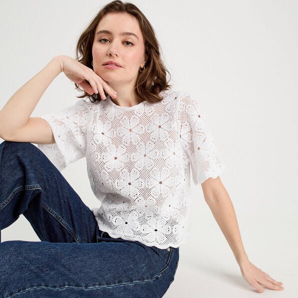 t shirt dentelle macrame blanc femme T-shirt dentelle macramé blanc femme