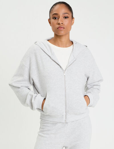 Sweat &agrave; capuche manches longues gris clair femme