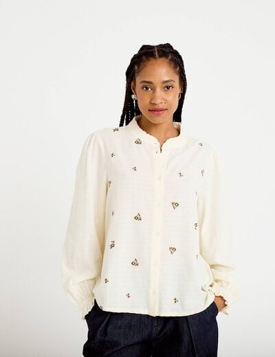 Blouse droite courte col v broderie ivoire femme