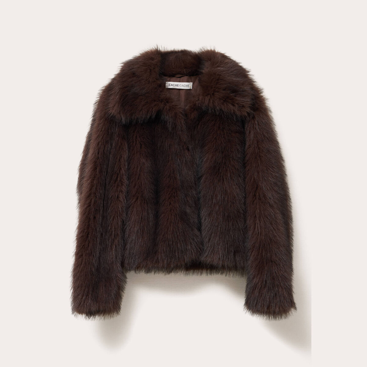 Veste courte en fausse fourrure marron fonc&eacute; femme
