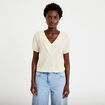 Blouse pliss&eacute;e col v manches courtes ecru femme