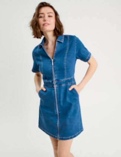 Robe droite zippée en jean denim stone femme
