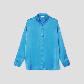 Chemise manches longues satin bleu femme