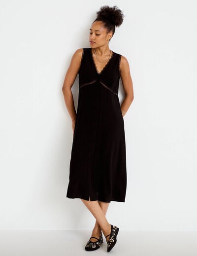 Robe longue droite sans manches col v noir femme