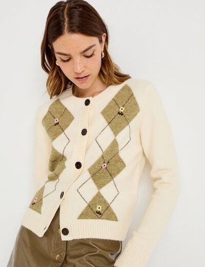 Gilet broderie col rond manches longues ecru femme