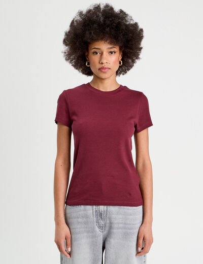 T-shirt manches courtes côtelé prune femme