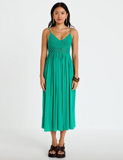 Robe longue bi-mati&egrave;re col v vert femme