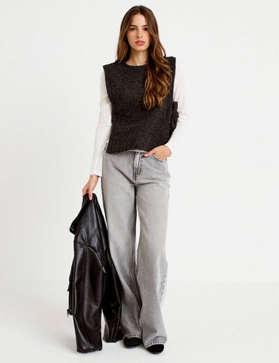 T-shirt 2-en-1 col rond manches longues gris fonc&eacute; femme